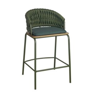 Banqueta Kia elaborada com tricô náutico e estrutura de alumínio. O assento é em madeira cumarú.